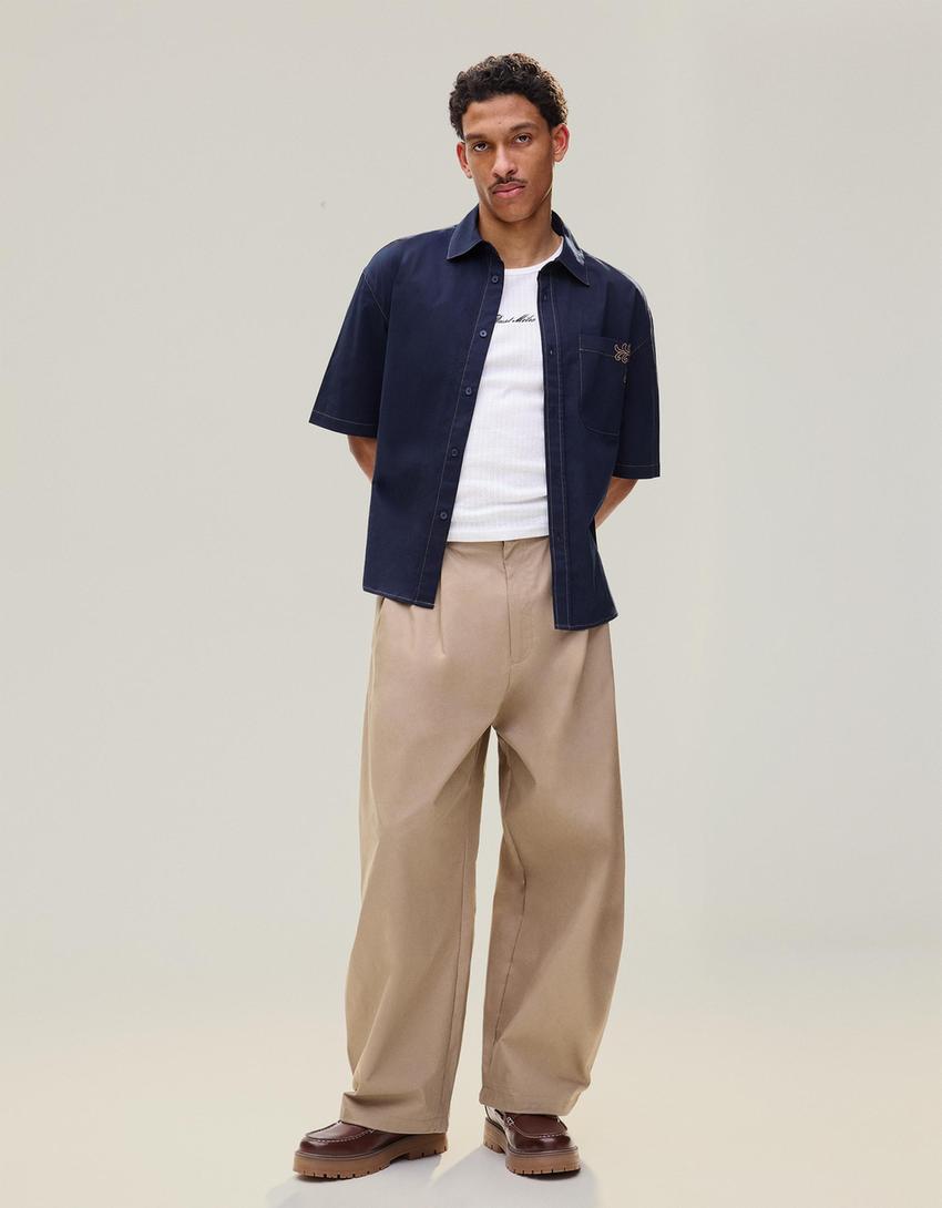 Oversize embroidered short sleeve shirt-Navy