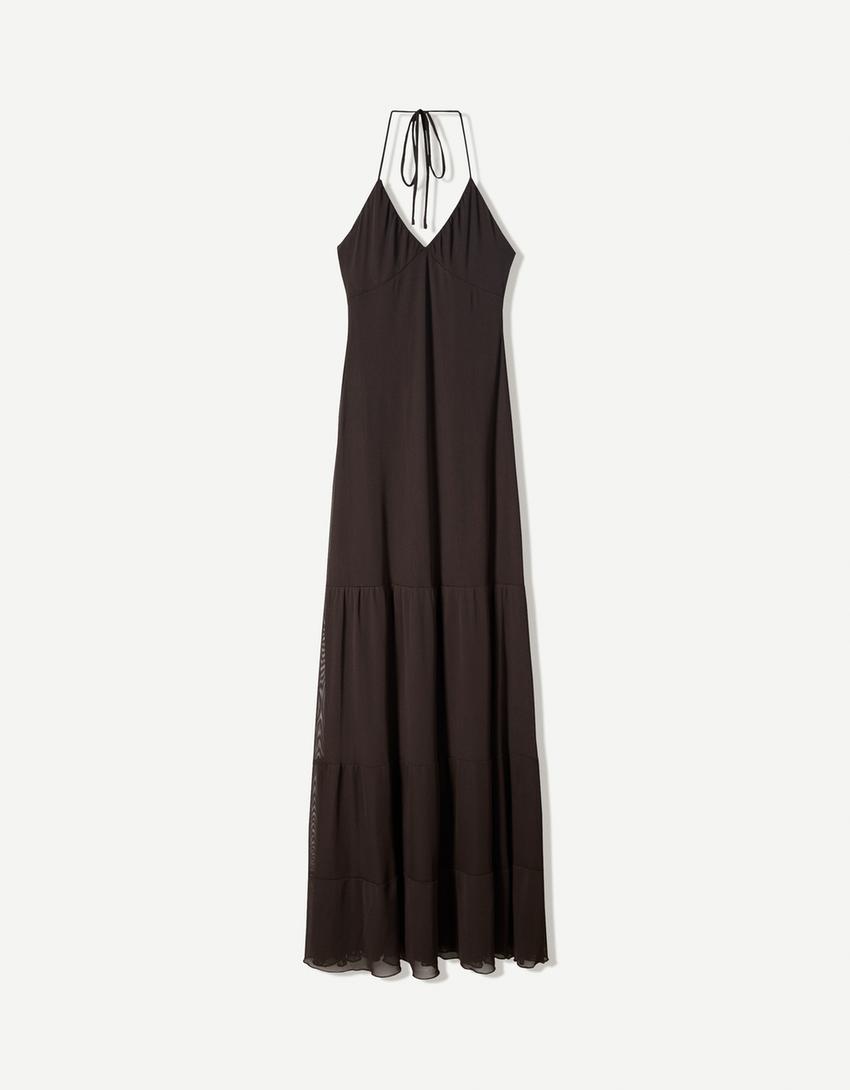 Robe midi en tulle-Marron-3