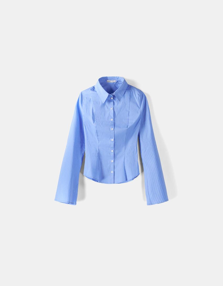 Fitted shirt with flared long sleeves-Blue
