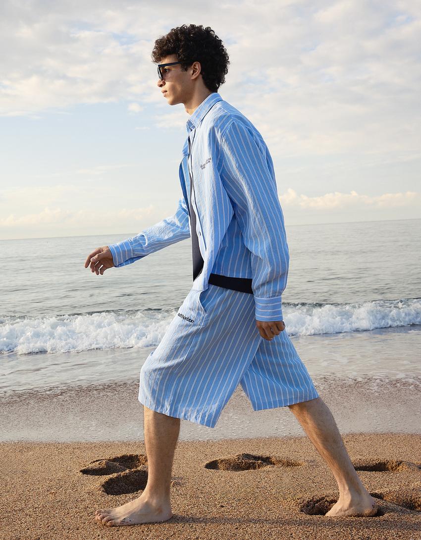 Süper baggy fit çizgili bermuda-Açık mavi