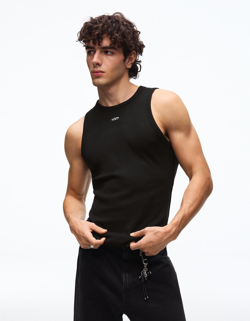 Trägertop mit Waffelstruktur-Print-Schwarz