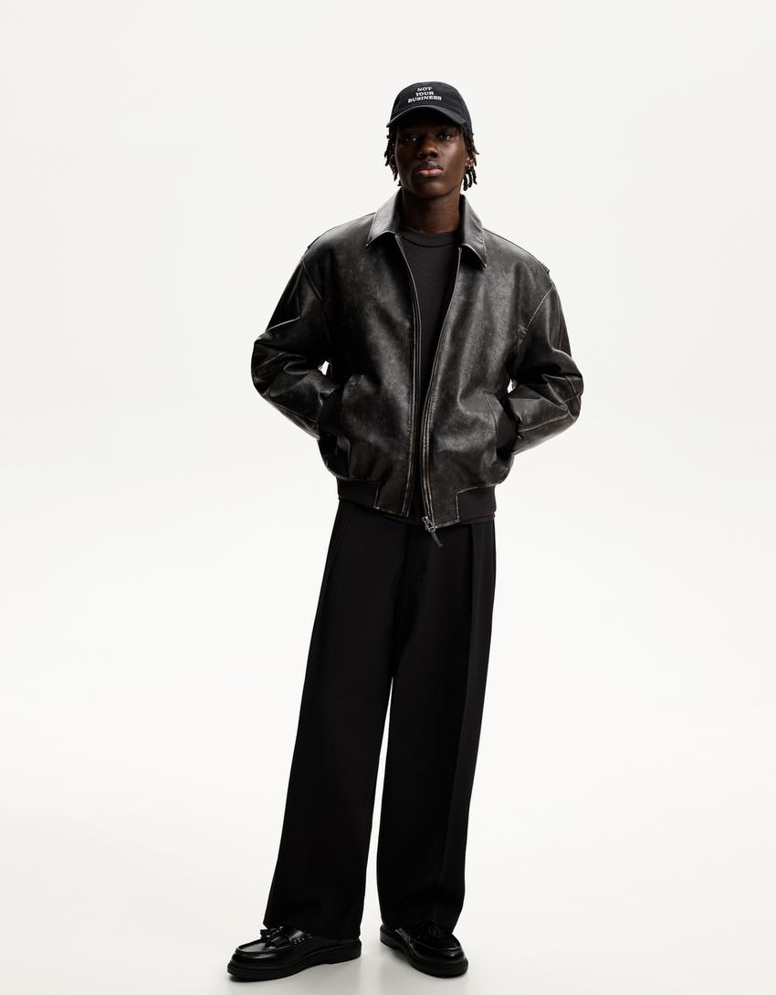Faux leather bomber jacket-Black-3