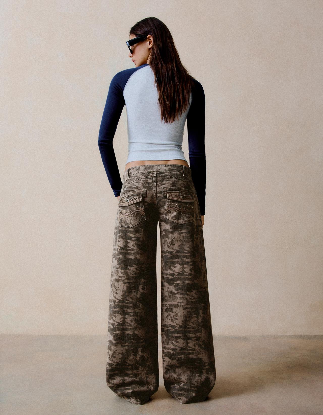 Printed embroidered studded trousers — Brown