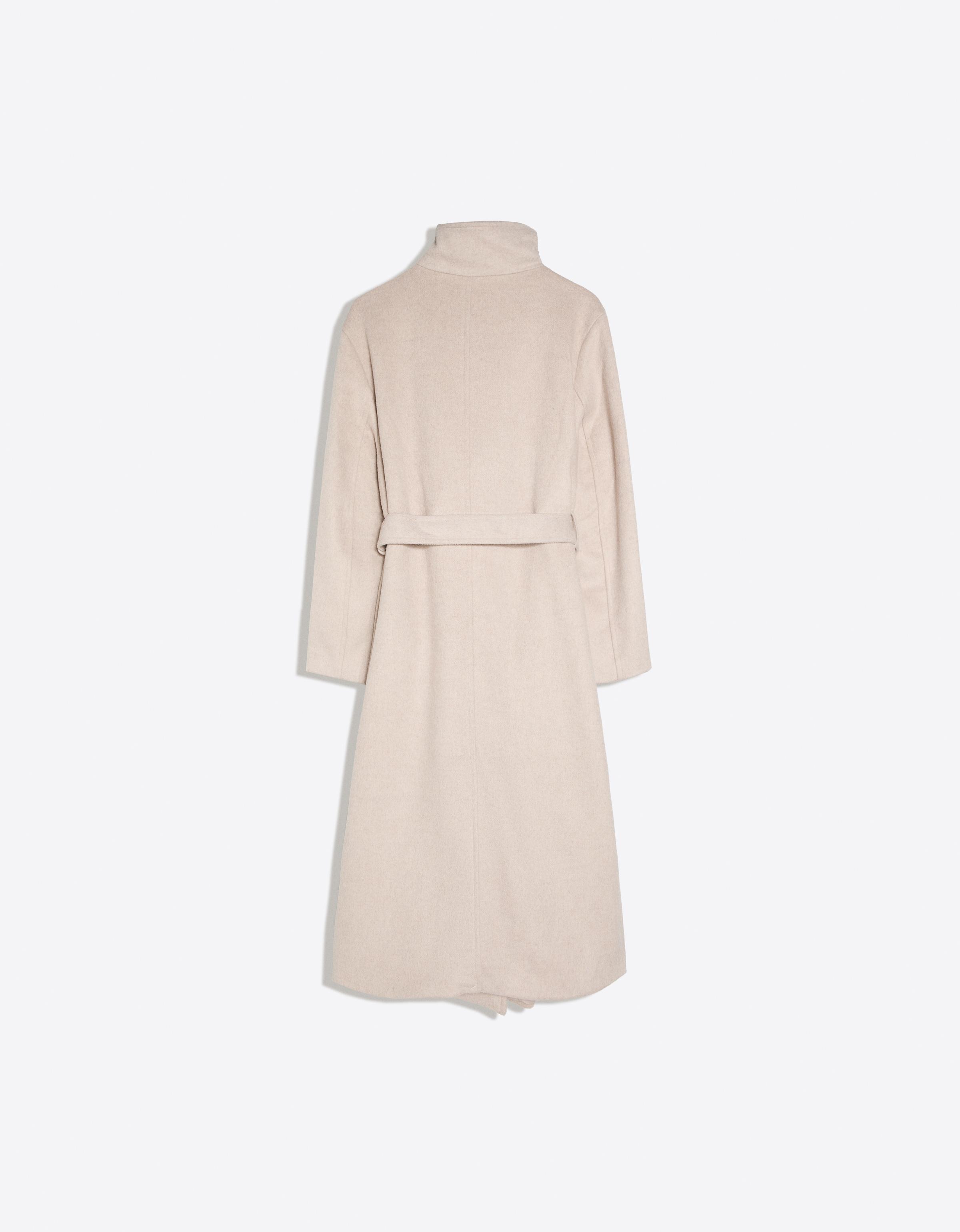 Long funnel neck coat with belt — Sand
