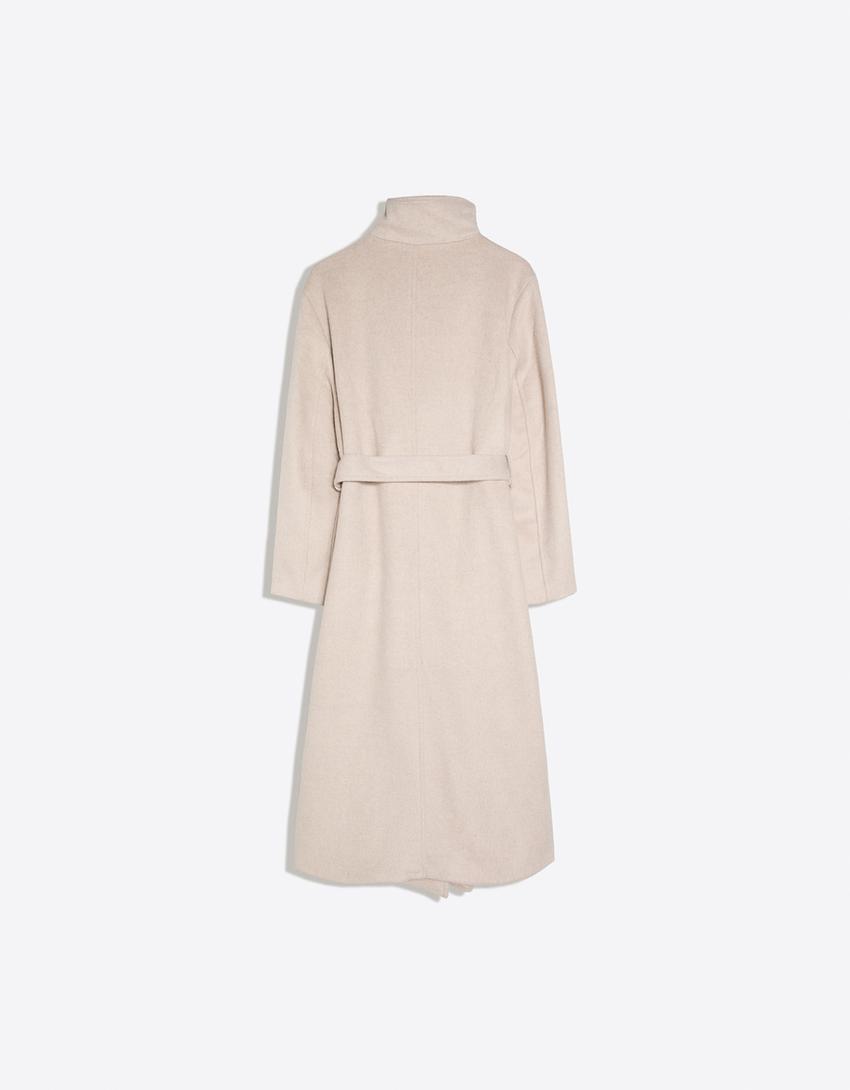 Long funnel neck coat with belt-Sand