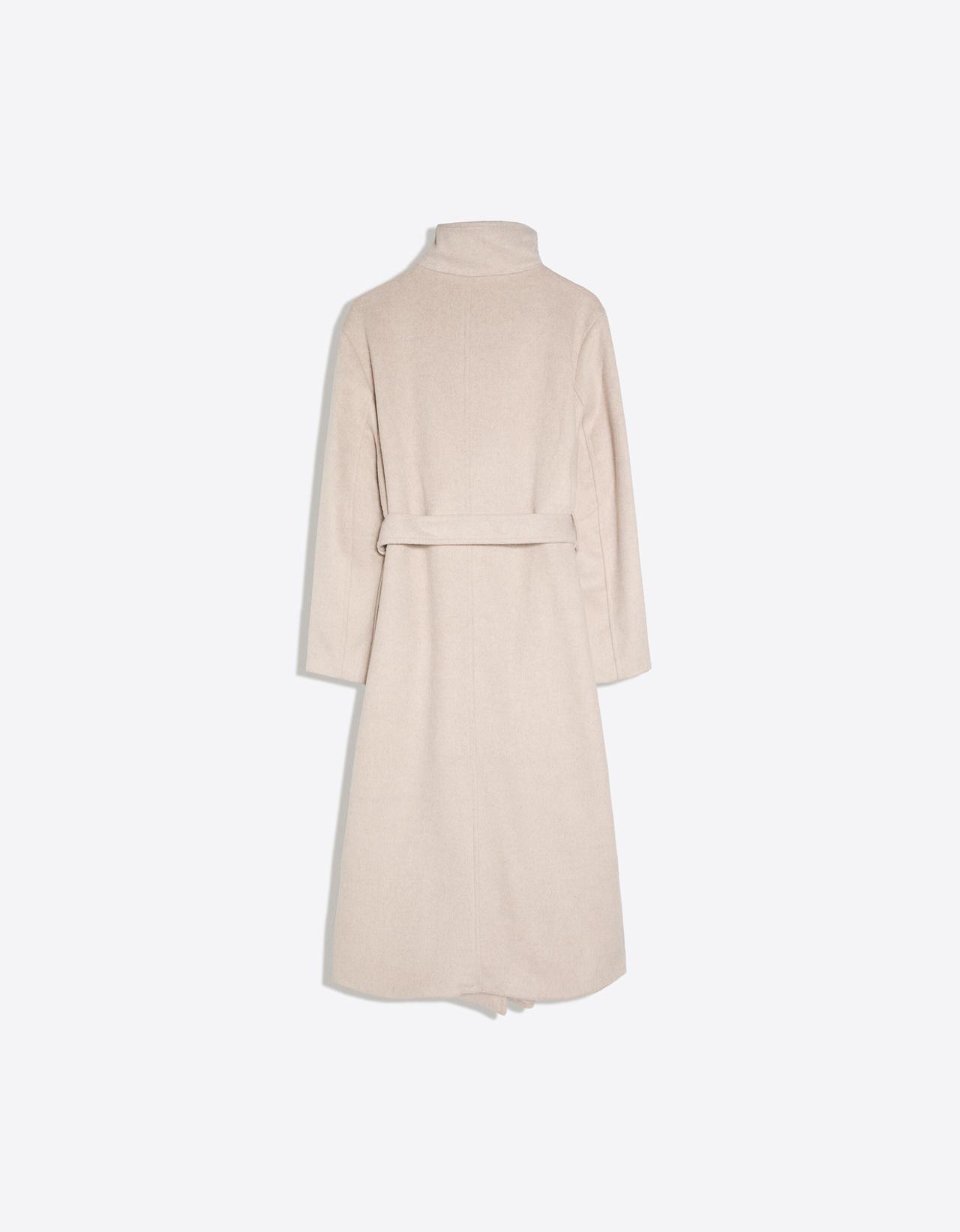 Long funnel neck coat with belt — Sand