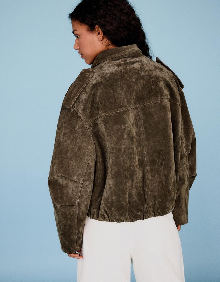 Truckerjakke i semsket skinn-Kakifarge