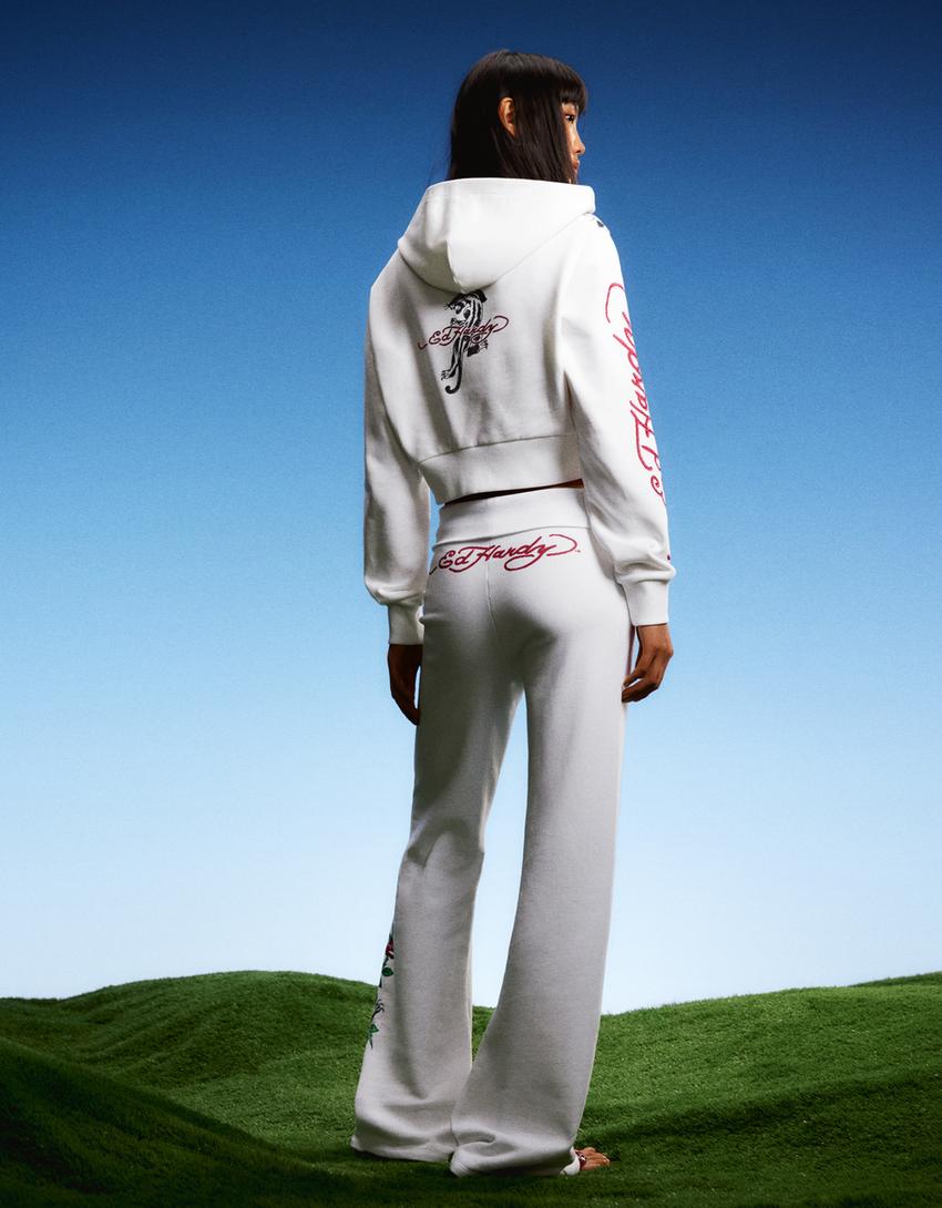 Pantalon flare ED HARDY X BERSHKA-Blanc cassé