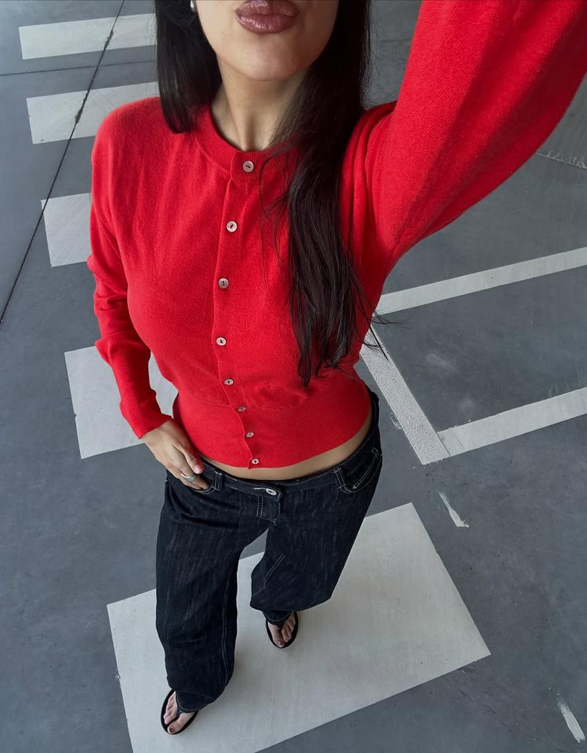 Bisiklet yaka çizgili düğmeli ceket-Kırmızı