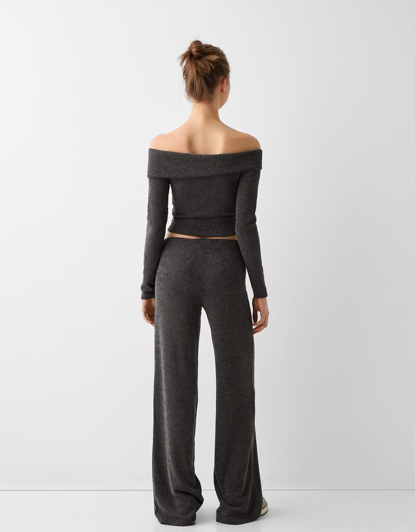 Wide leg embossed pants-Grey-2