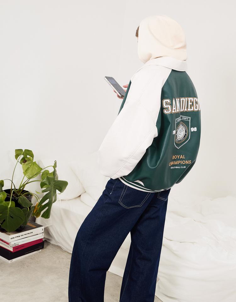 Varsity faux leather jacket