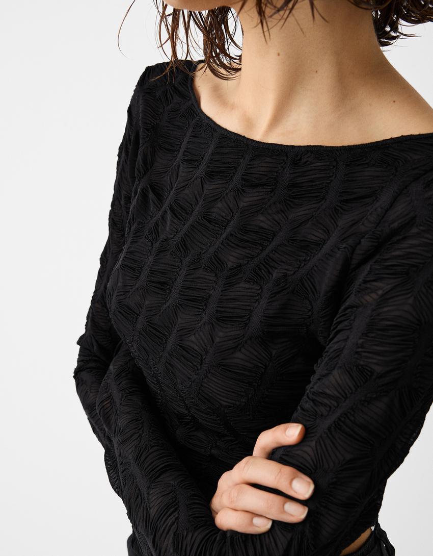 Long sleeve textured Bardot T-shirt-Black-3