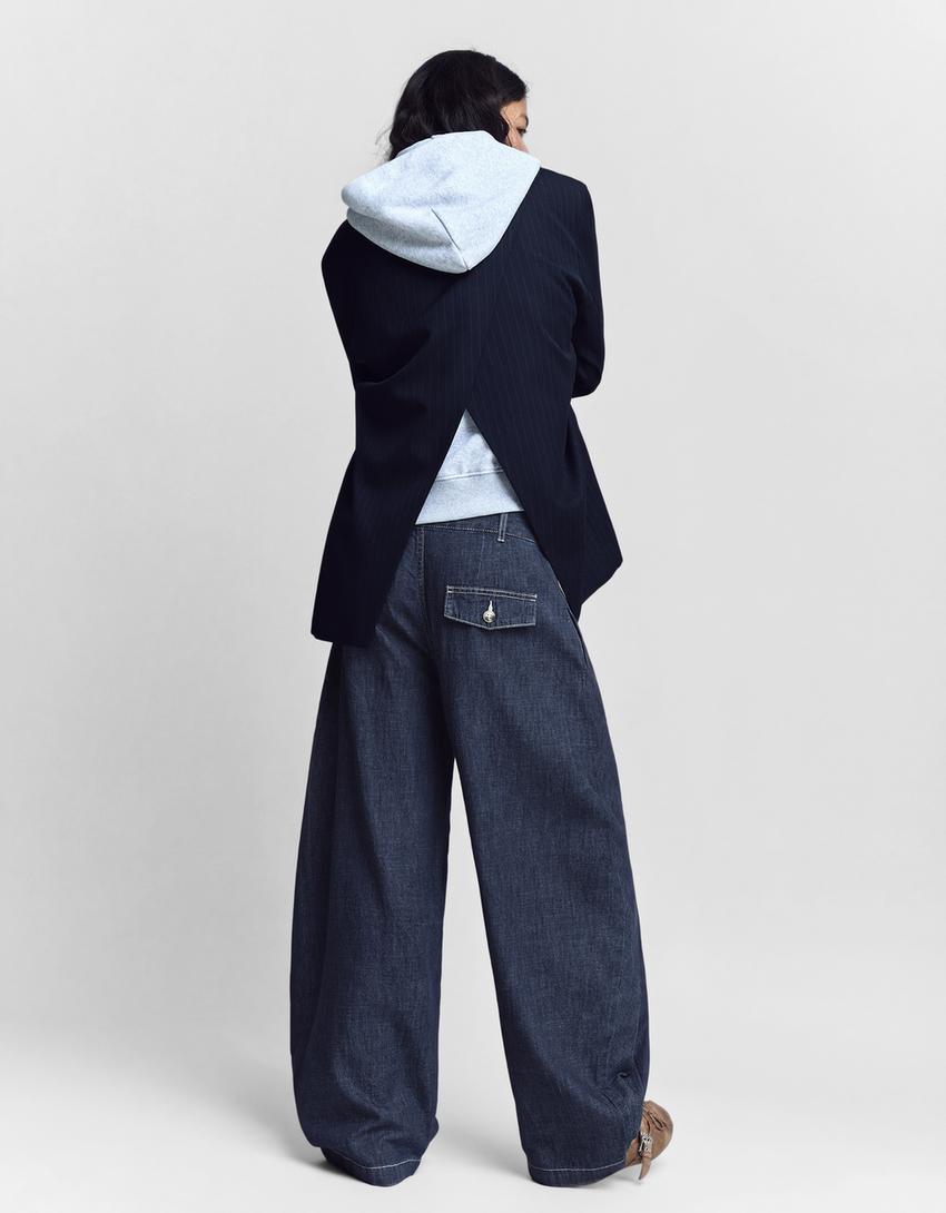 Jeans balloon plissés taille basse-Marine