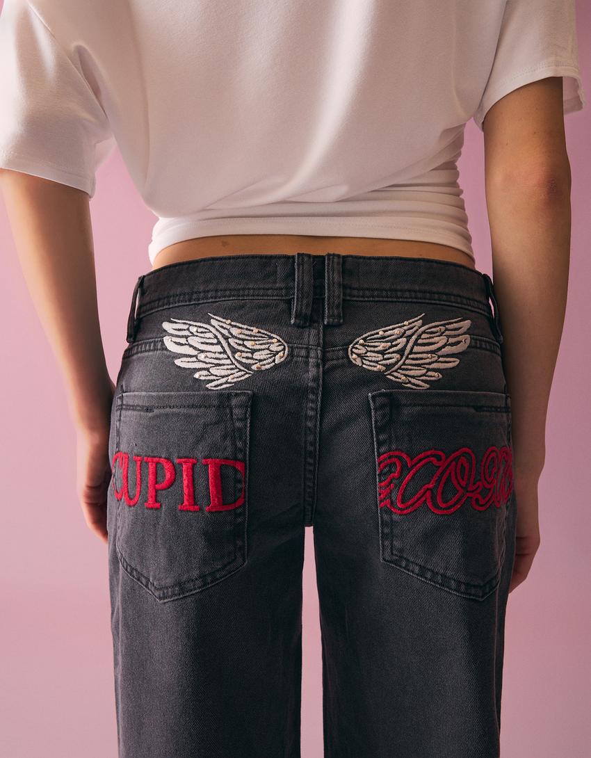 Embroidered twill trousers-Grey