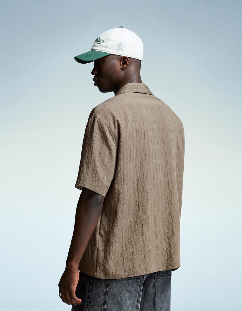 Textured striped short sleeve shirt-Sand