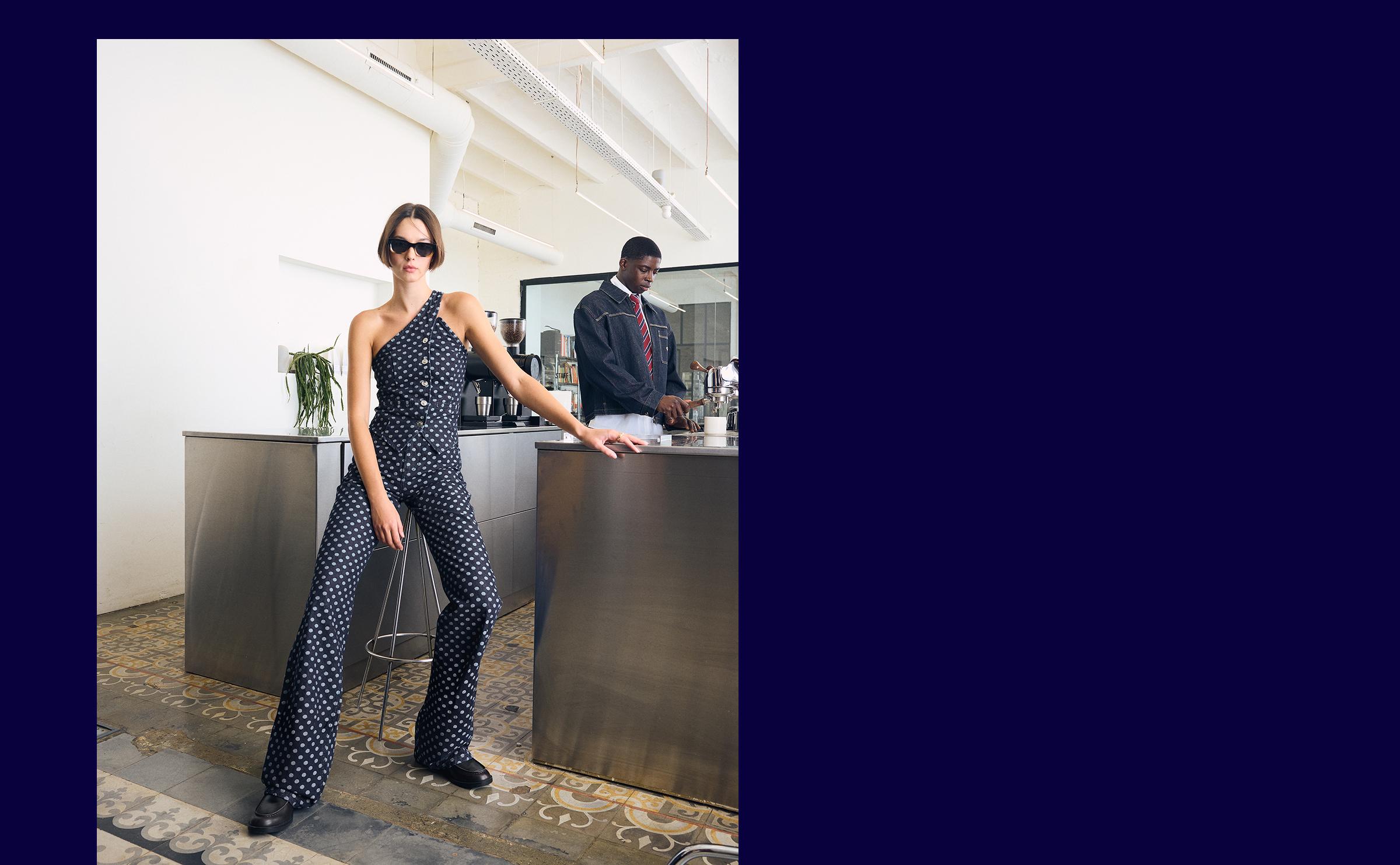 Puantiye desenli yüksek bel straight fit jean - Görsel 17