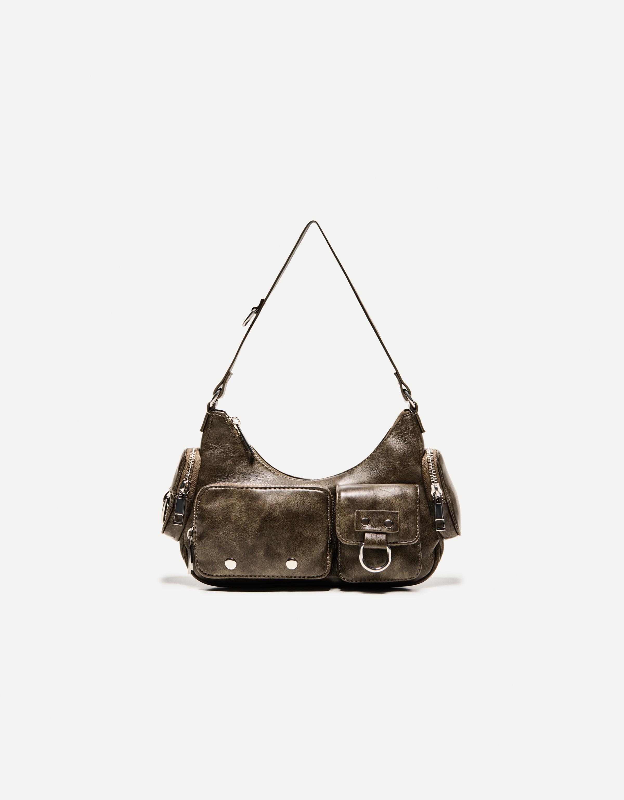 Bershka Multitaschen-Schultertasche Damen Dunkelgrau