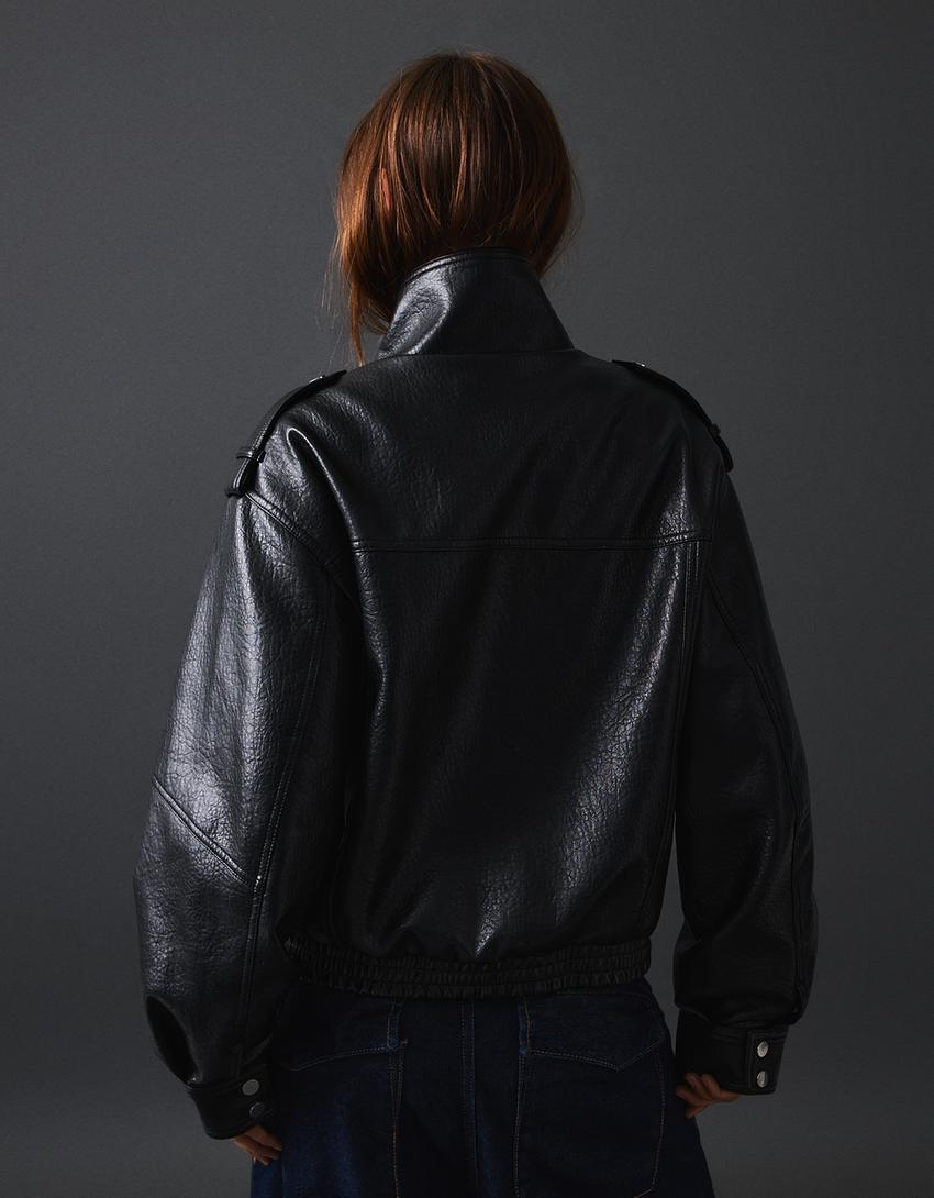 Leather effect funnel neck jacket-Black