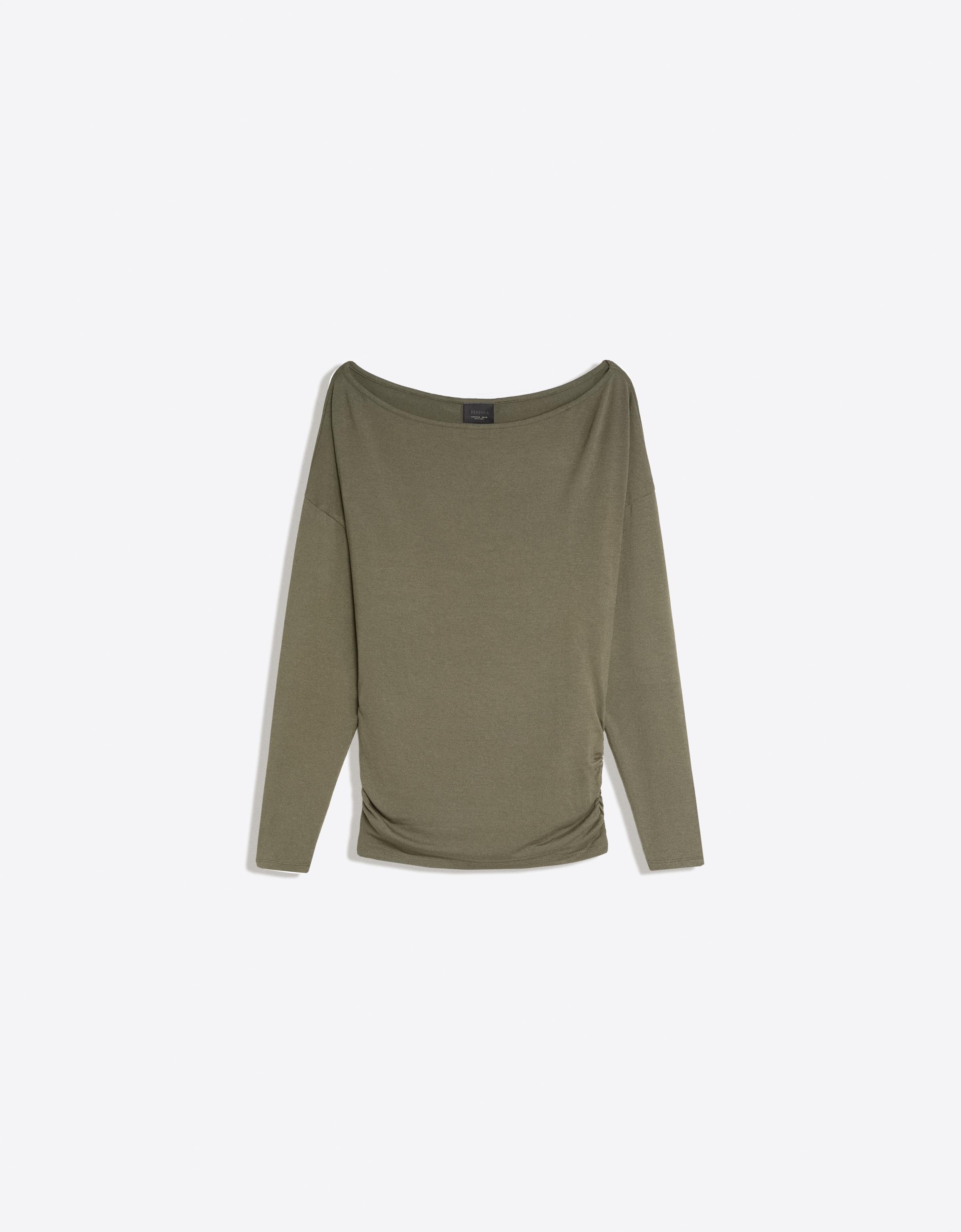 Asymmetric neck long-sleeved T-shirt — Khaki