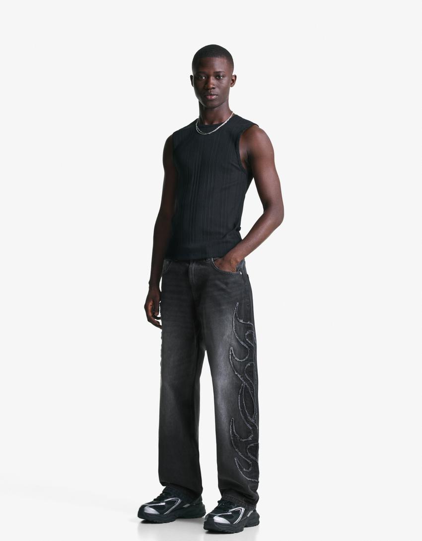 Baggy jeans met patch-Zwart-0