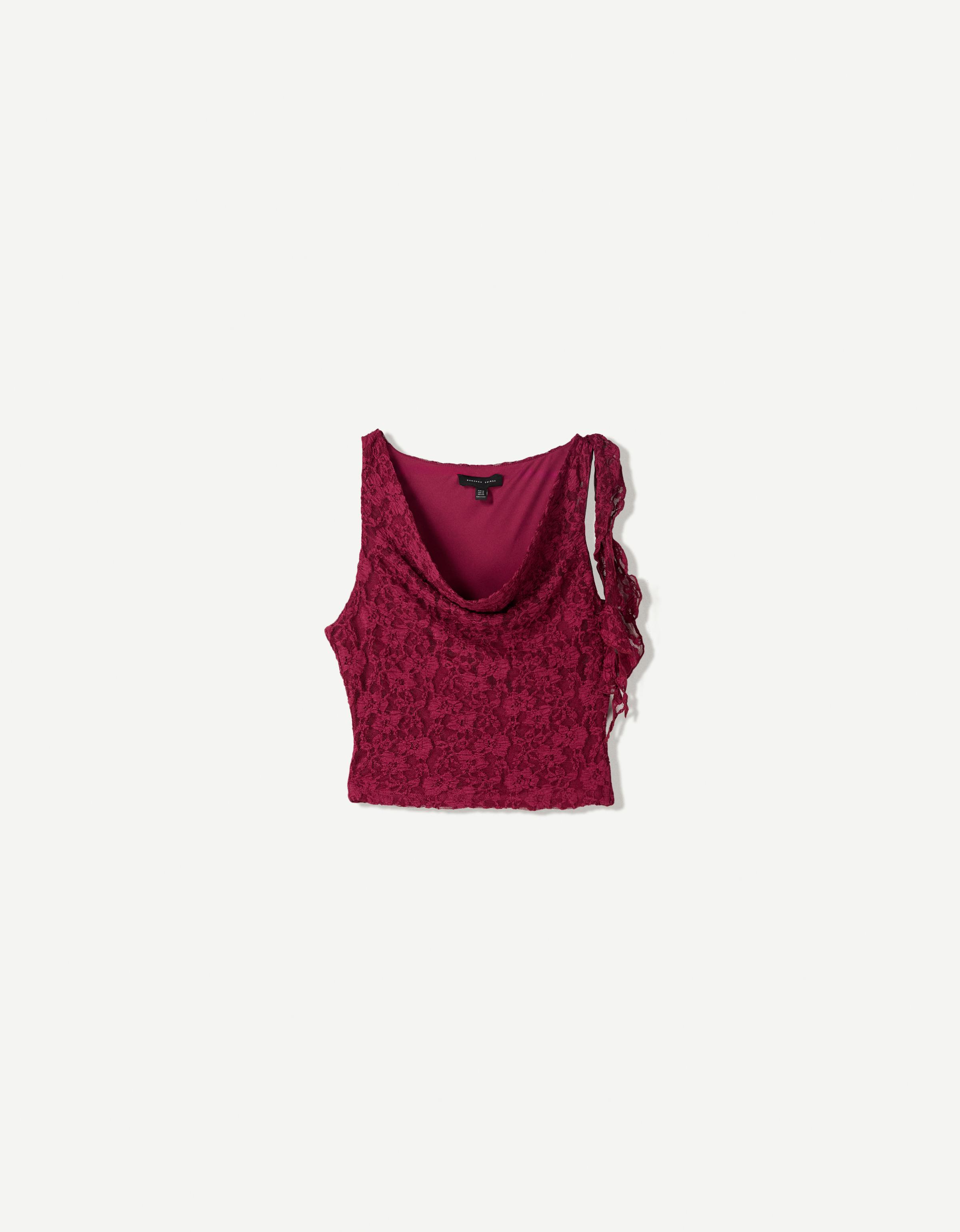 Bershka Top Mit Spitzenkante Und Volants Damen L Granatrot