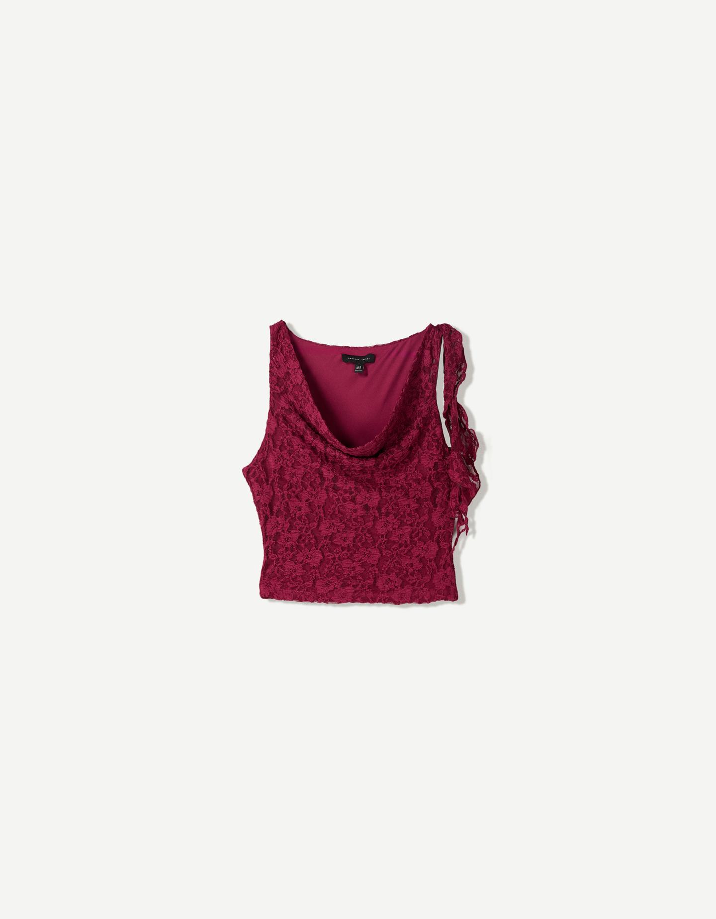 Bershka Koronkowy Top Z Falbanami Kobieta S Rubinowy