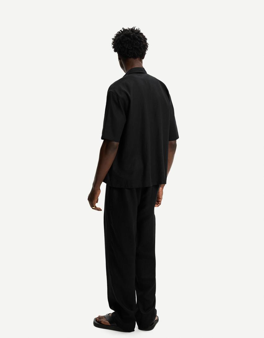 Pantalón wide leg jogger con lino-Negro-1