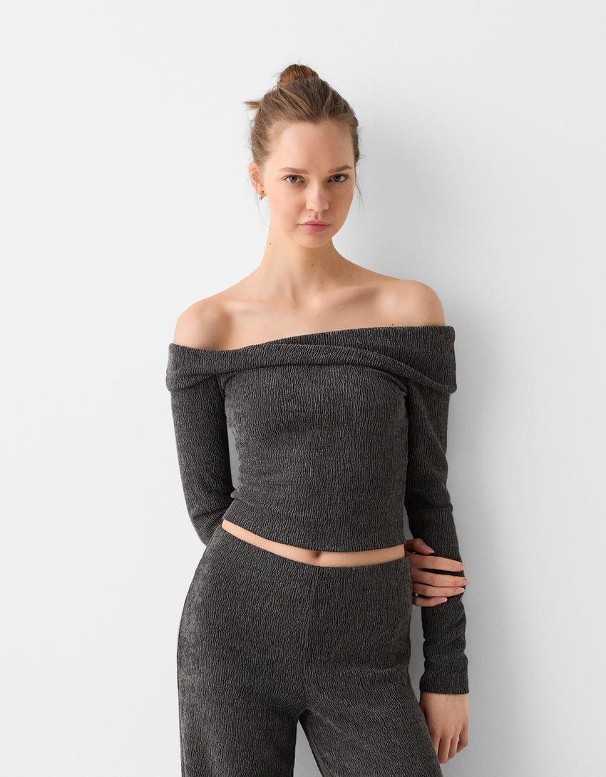 Waffle-knit long sleeve Bardot T-shirt-Grey-1