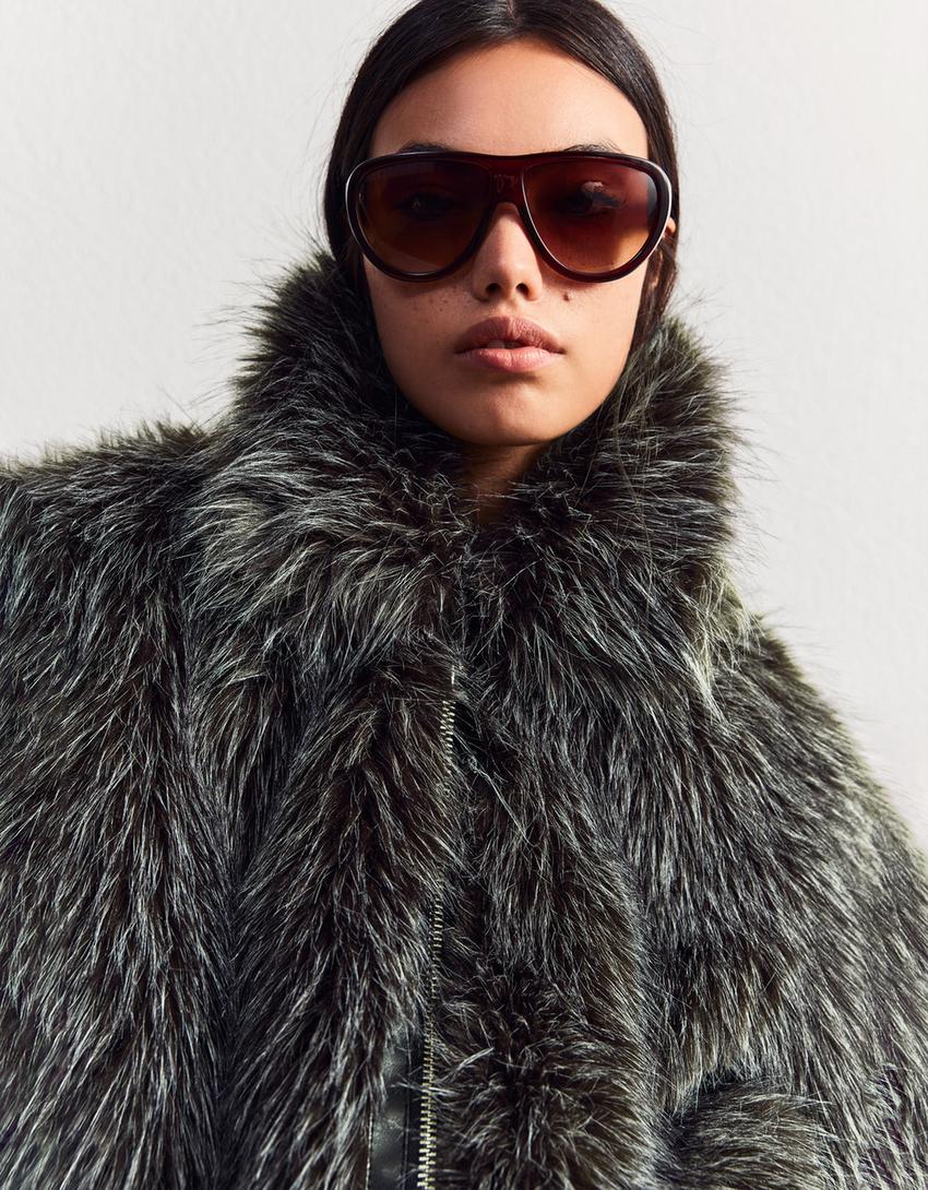 Zip-up faux fur jacket-Grey-3