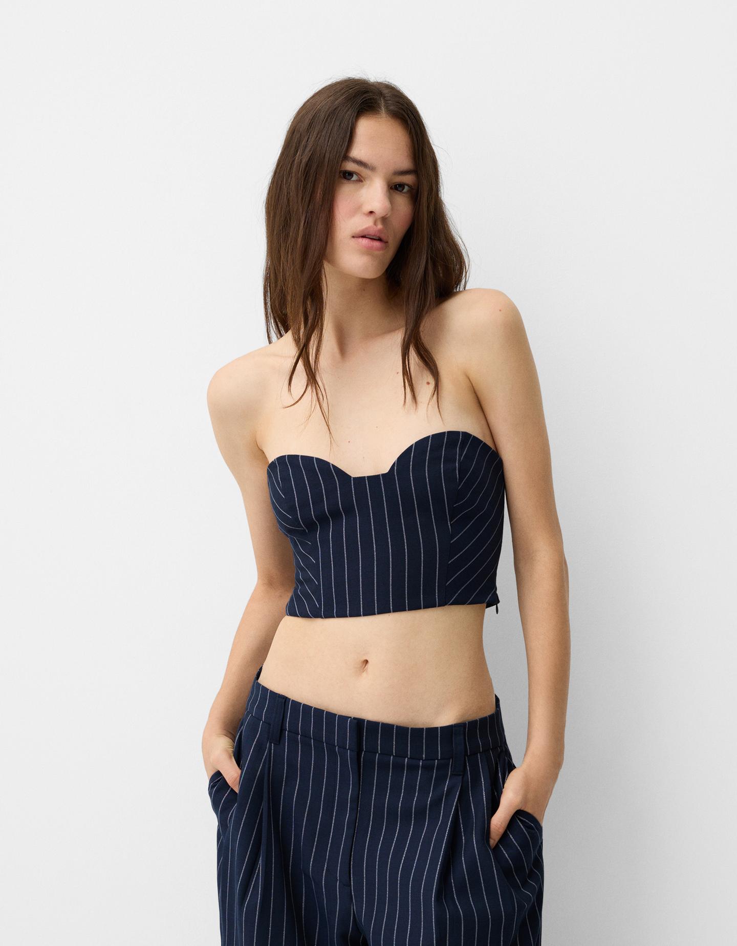 Bershka Top Escote Corazón Bandeau Rayas Hilo Metalizado Mujer L Azul