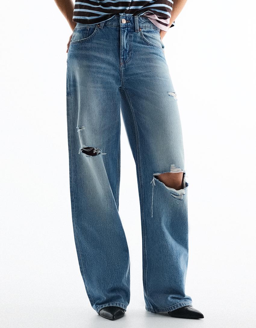 High-waist wide-leg vintage wash jeans-Light blue