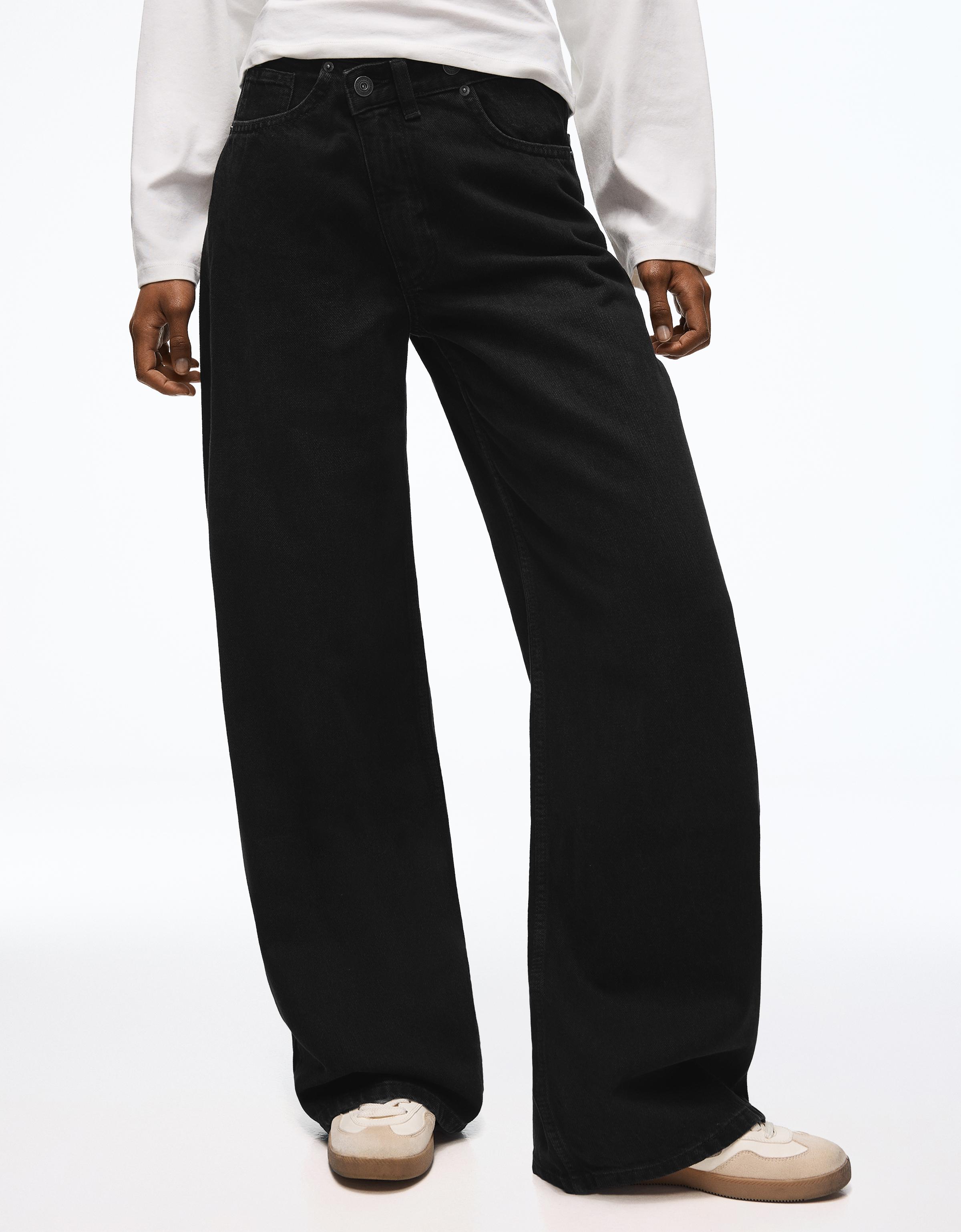 Wide-leg cross-waist jeans — Black