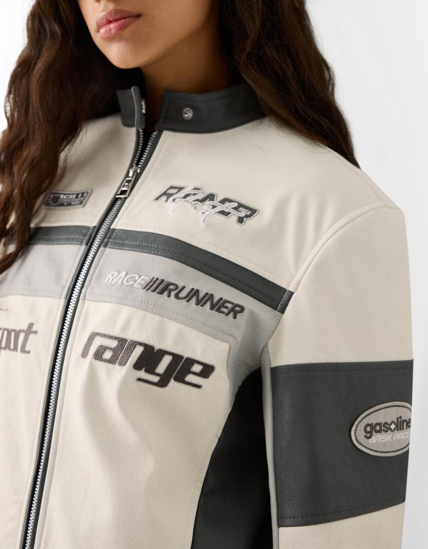 Leather effect embroidered racing jacket-Grey