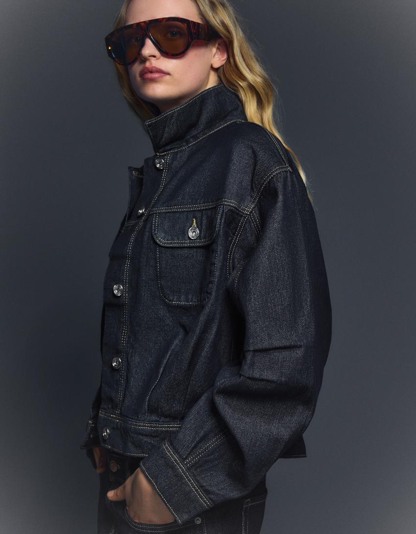 Denim τζάκετ μπαλούν cropped-Μπλου μαρέν