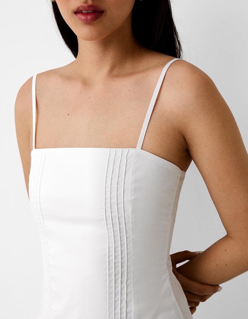 Strappy poplin dress with box pleat skirt-White