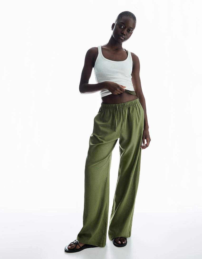 Linen blend trousers with an elasticated waistband-Khaki-0