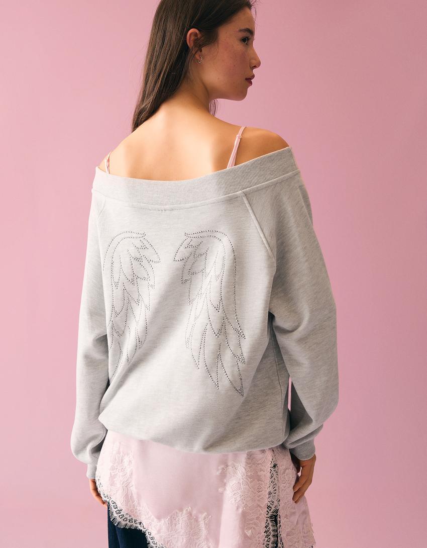 Camisola decote bardot strass-Cinza