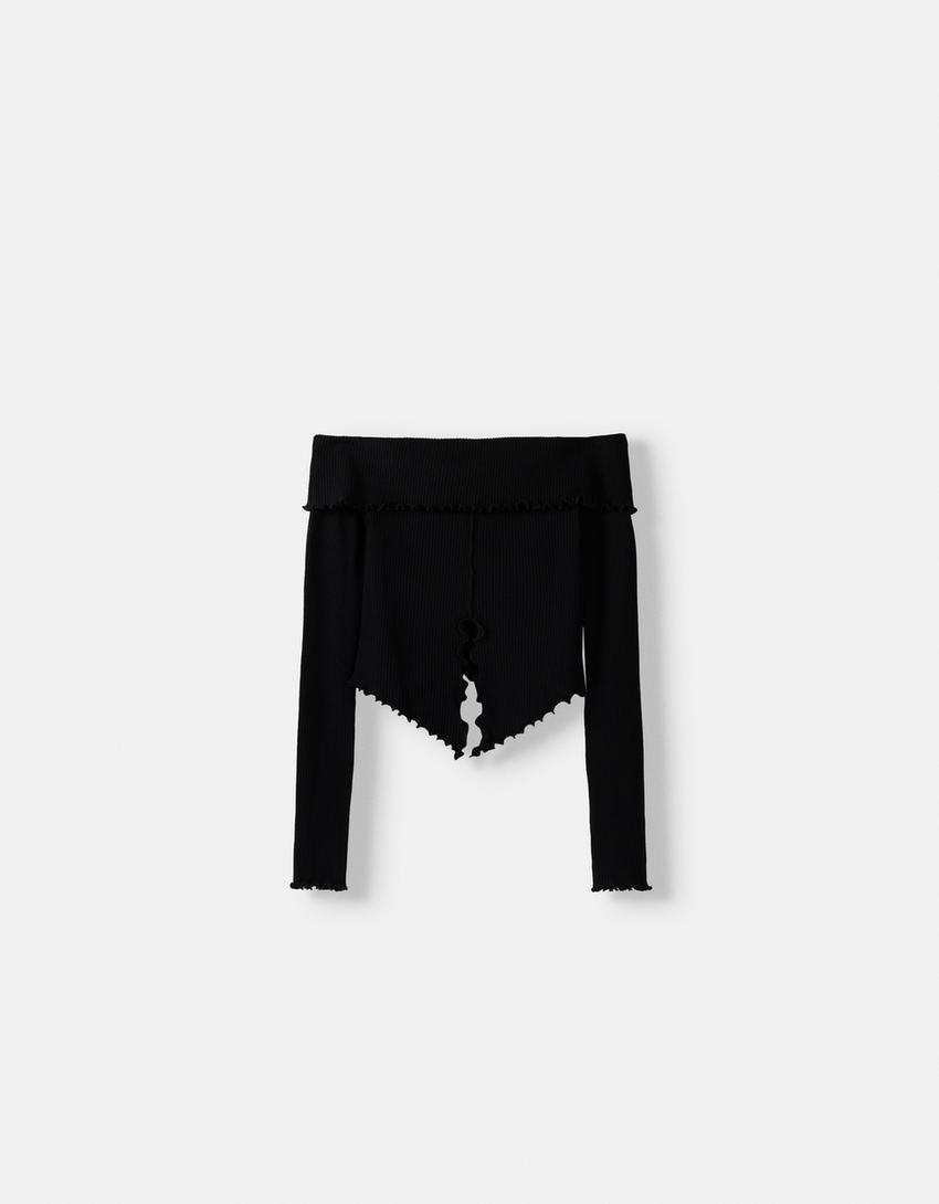 سويتر بياقة باردو وأكمام طويلة-أسود-4