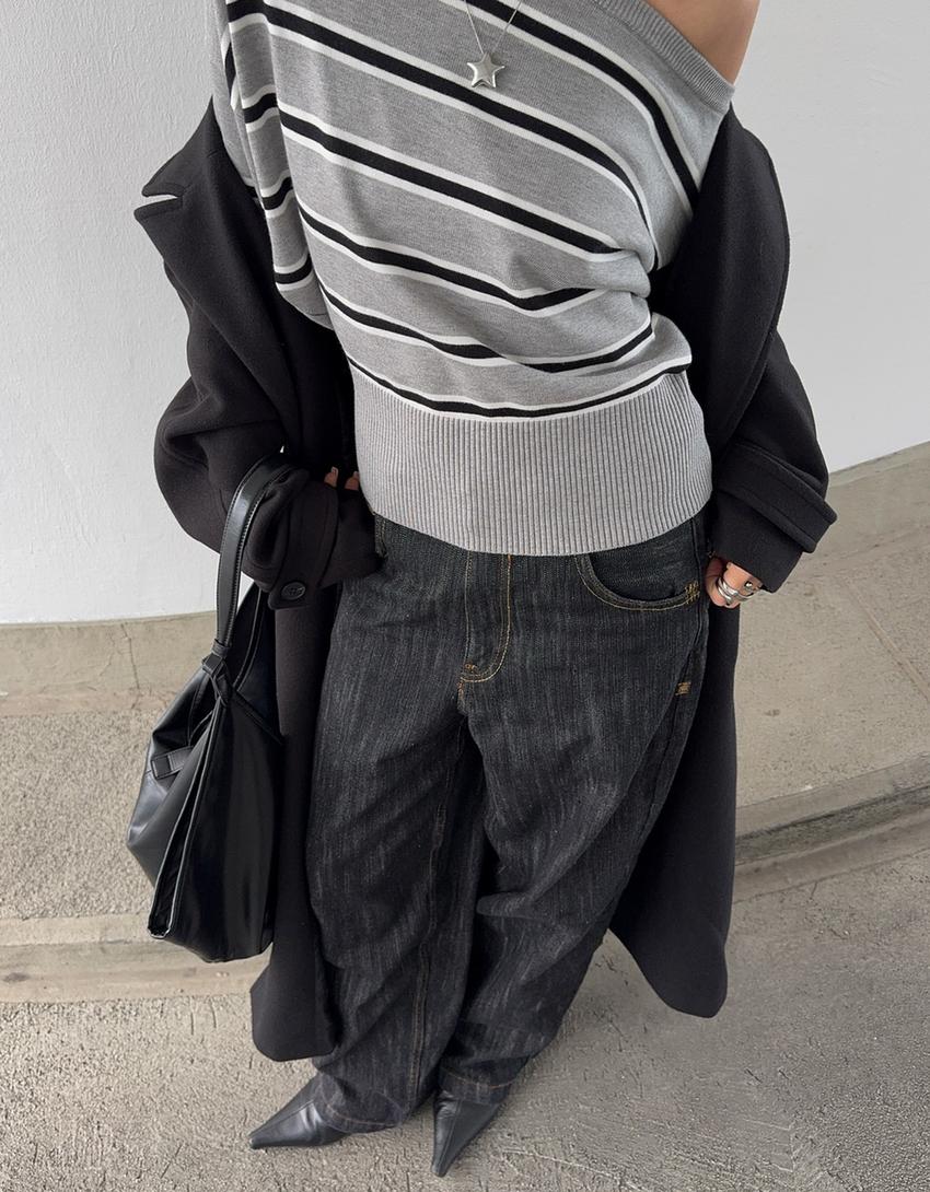 Asymmetric sweater with ribbed hem-Grey