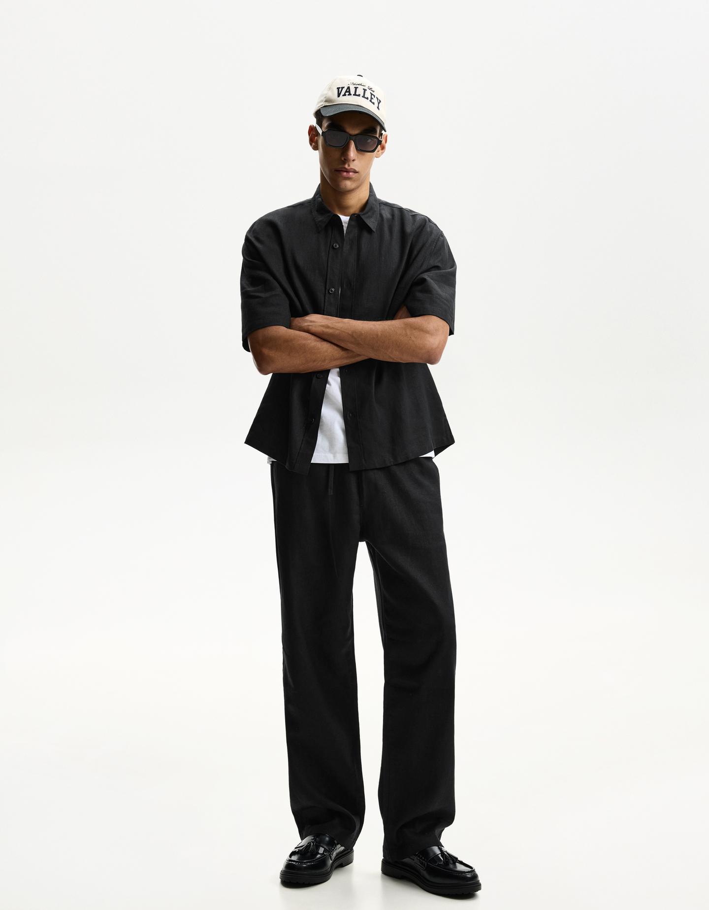 Bershka Pantalón Wide Jogger Con Lino Hombre Xl Negro