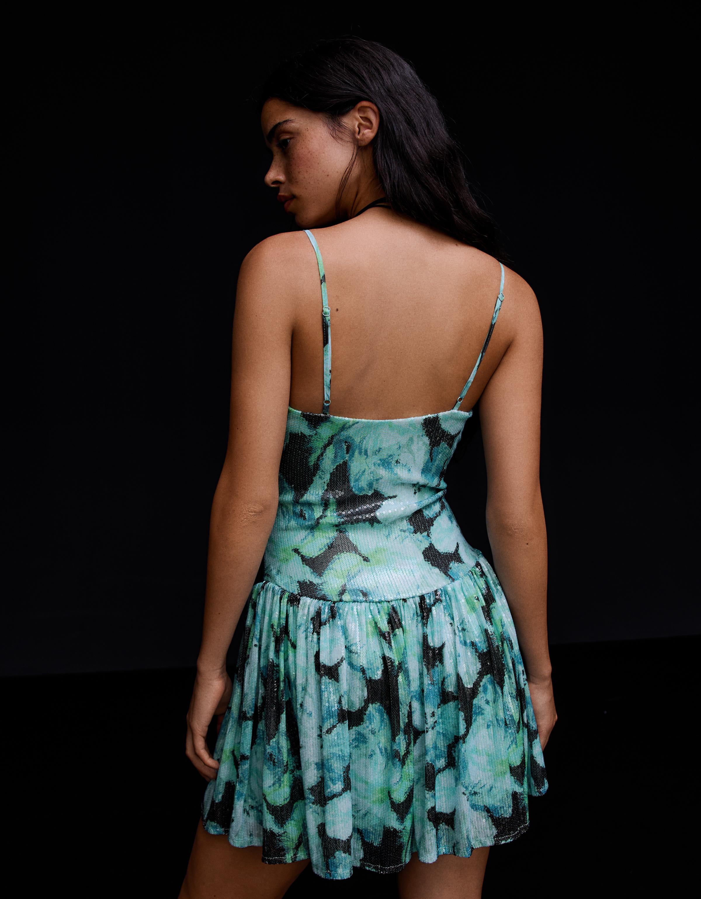 Strappy sequin mini dress with flared skirt — Turquoise