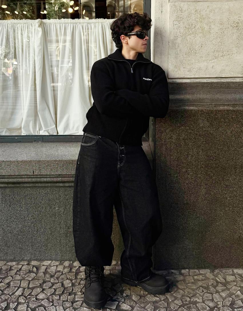 Boxy fit knit zip-up jacket-Black