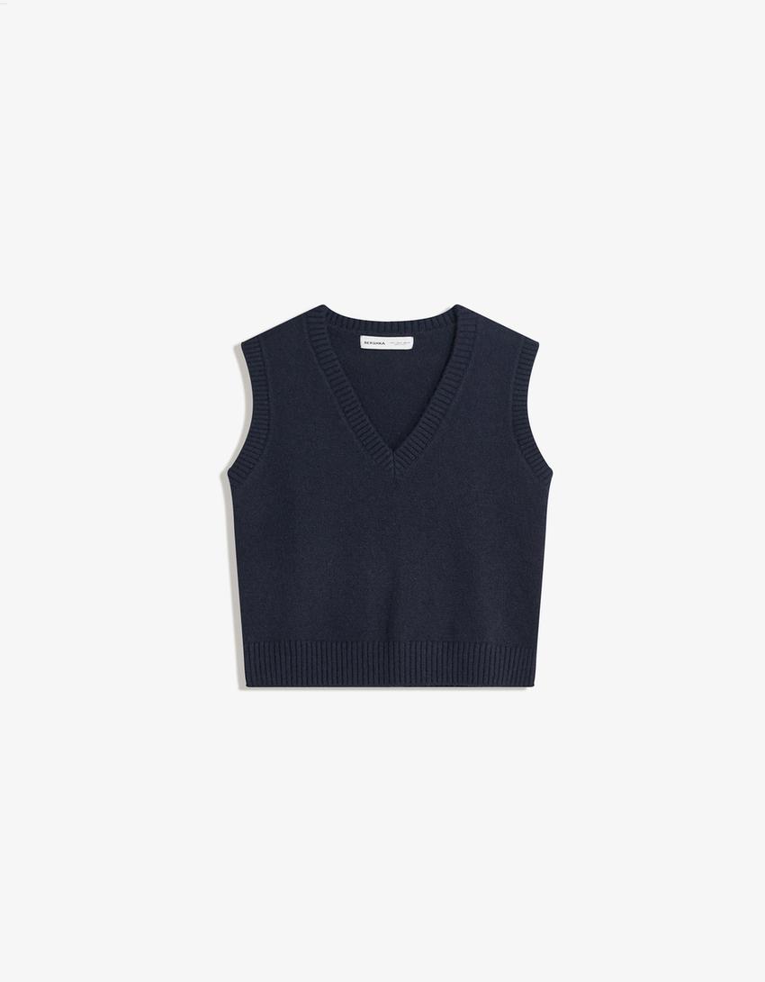 Soft touch vest met V-hals-Blauw