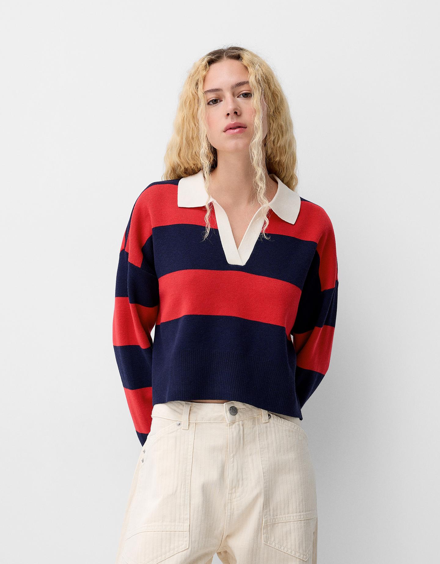 Bershka Jersey Cuello Polo Mujer L Rojo