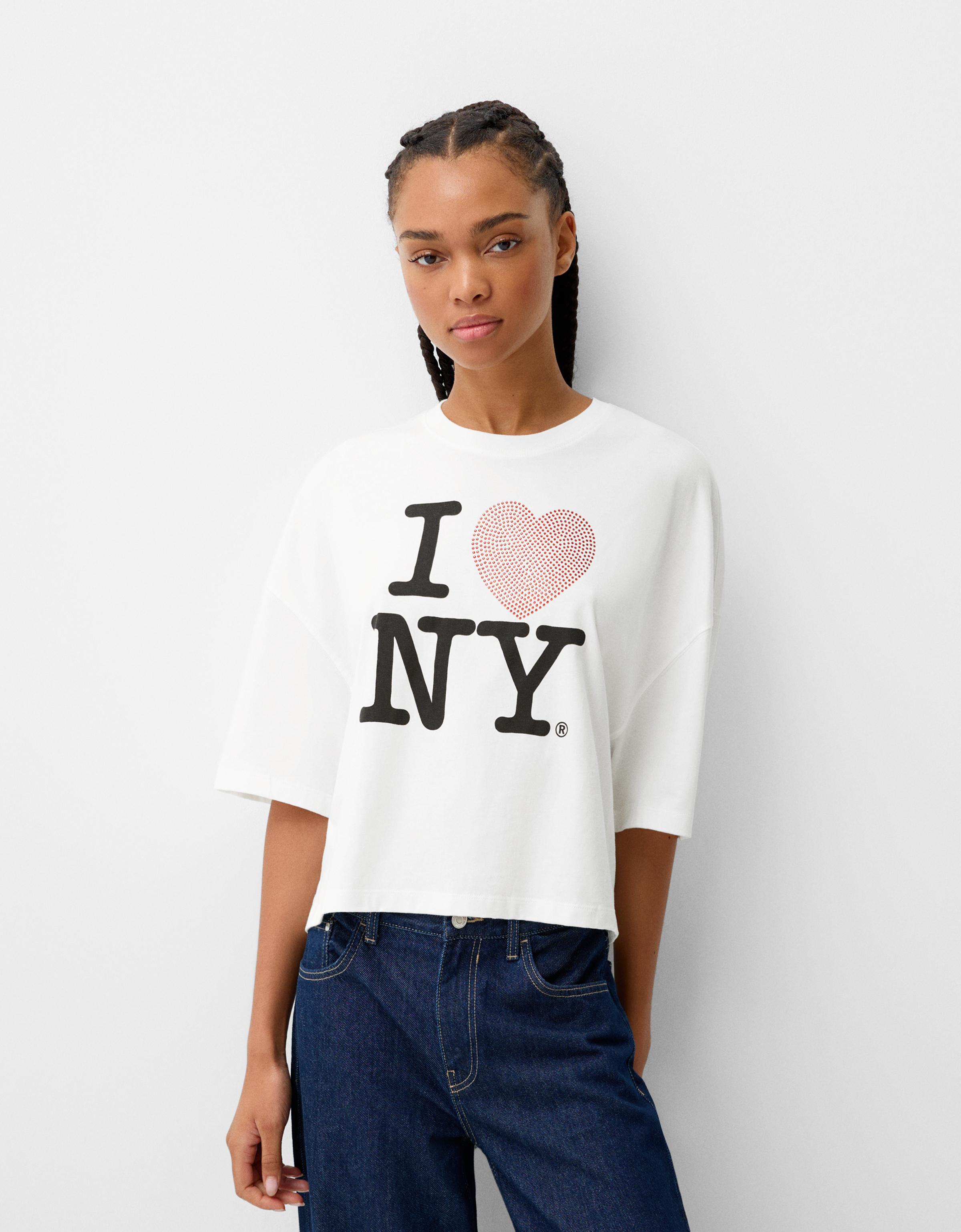 Bershka T-Shirt I Love New York Mit Kurzen Ärmeln Damen L Weiss