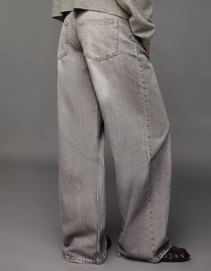 Jeans wide leg low waist-Cinza