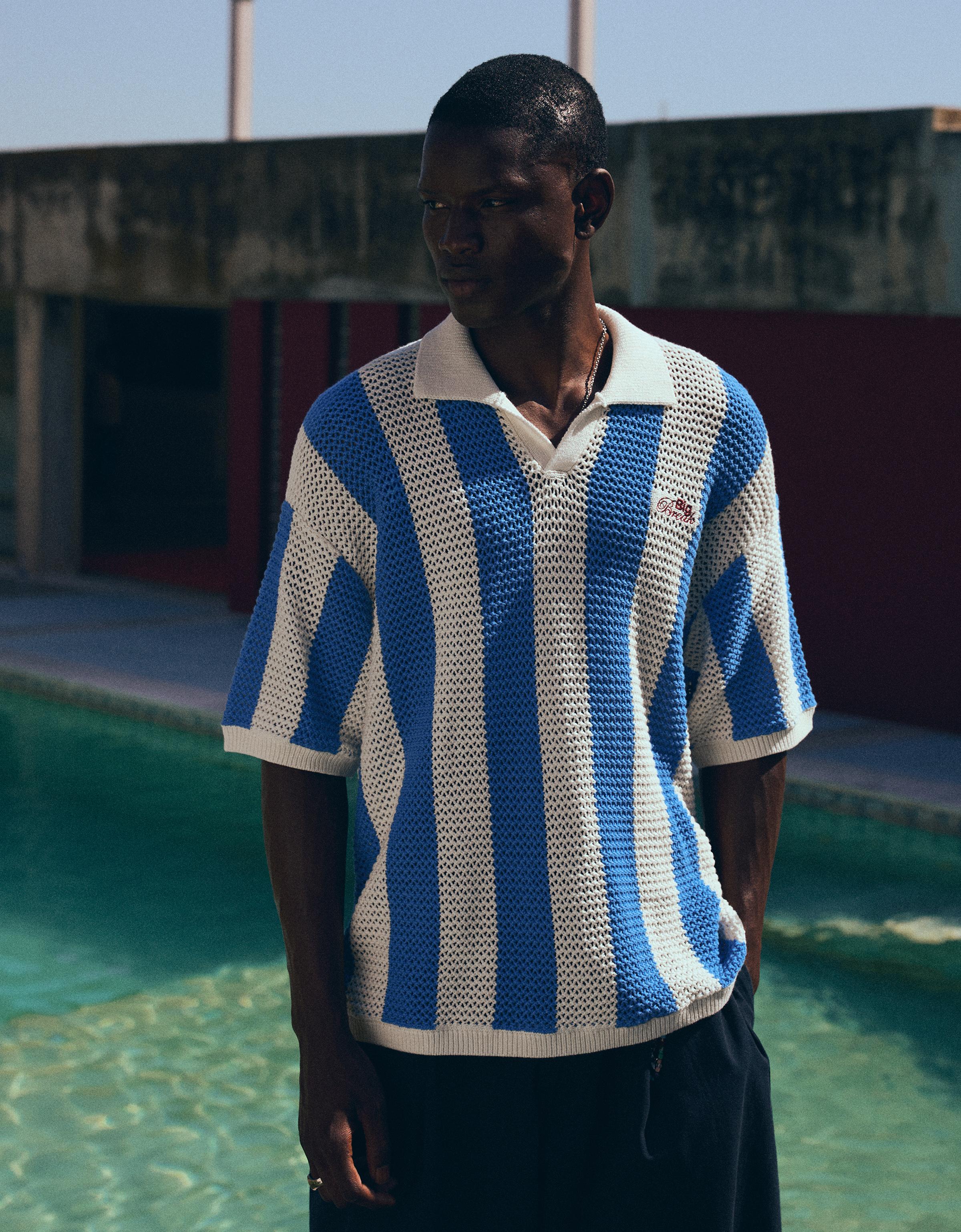 Bershka Polo Manga Corta Mesh Rayas Hombre Azul Claro