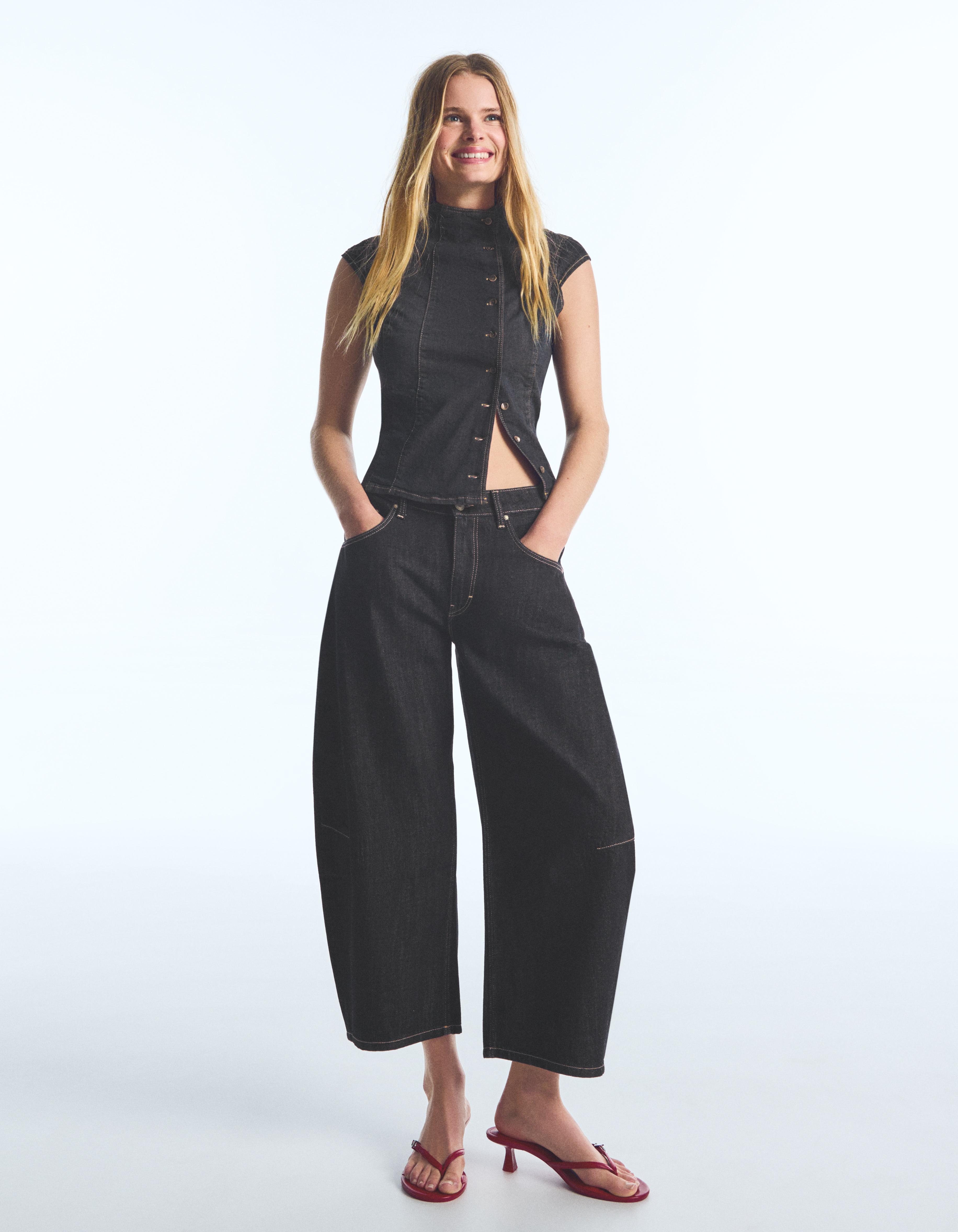 Bershka Jeans Barrel Cropped Mujer Marino
