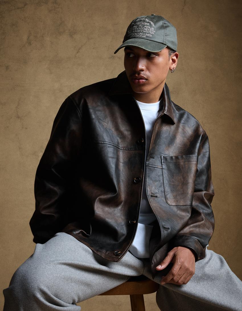 Leather effect boxy-fit overshirt-Brown