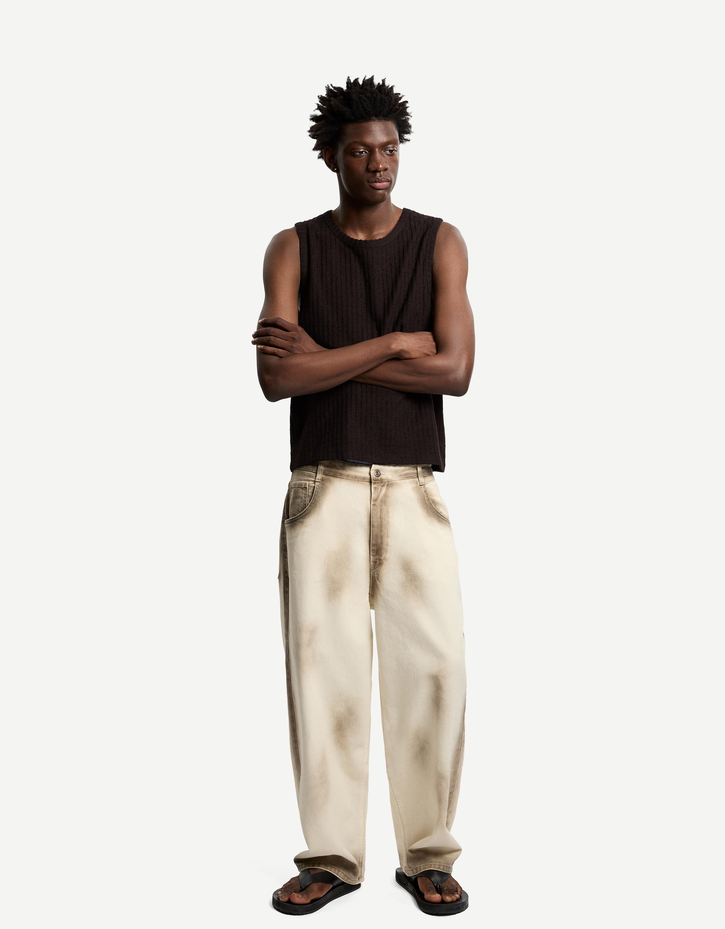 Bershka Super Baggy Hose Mit Print Herren 42 Beige